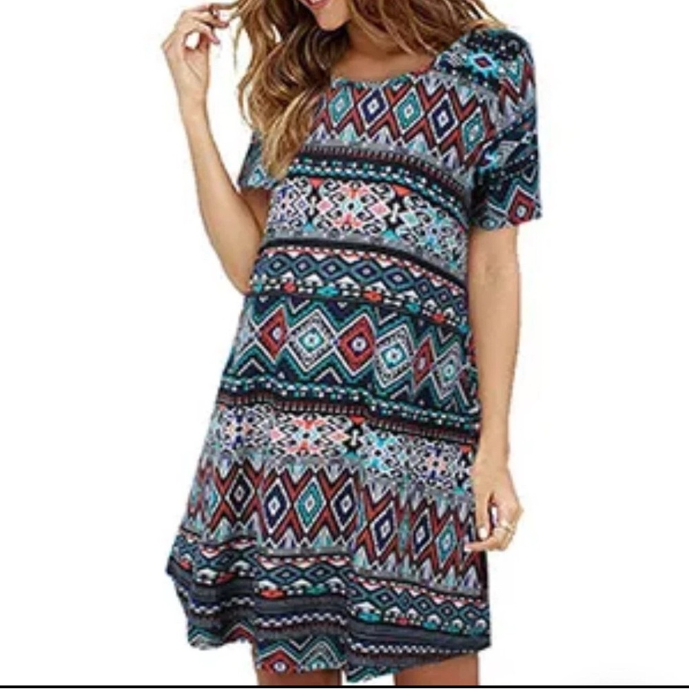 Faddare TShirt Dress Womens Size L Boho Short Sleeve Flowy Dress Short Dress EUC